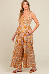 Yellow Printed Smocked Wide Leg Maternity Jumpsuit