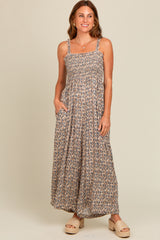 Taupe Printed Smocked Wide Leg Jumpsuit