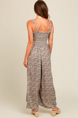 Taupe Printed Smocked Wide Leg Jumpsuit