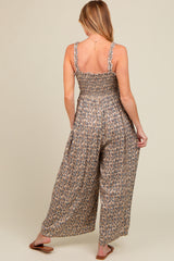 Taupe Printed Smocked Wide Leg Maternity Jumpsuit