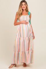 Multicolor Striped Shoulder Tie Smocked Maternity Maxi Dress