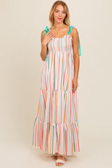 Multicolor Striped Shoulder Tie Smocked Maternity Maxi Dress