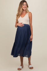 Navy Blue Pleated Maternity Midi Skirt