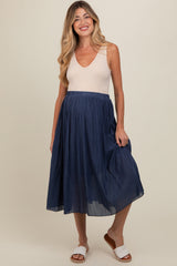 Navy Blue Pleated Maternity Midi Skirt