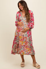 Pink Floral Tassel Tie Tiered Maternity Midi Dress