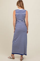 Navy Striped Knit Polo Maternity Fitted Maxi Dress