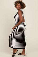 Black Striped Knit Polo Fitted Maxi Dress