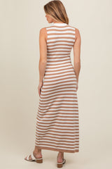 Mocha Striped Knit Polo Maternity Fitted Maxi Dress