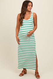 Green Striped Sleeveless Side Slit Maternity Maxi Dress