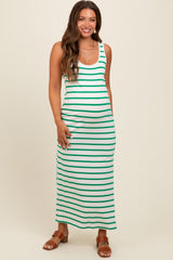 Green Striped Sleeveless Side Slit Maternity Maxi Dress