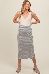 White Striped Fitted Side Slit Maternity Maxi Skirt