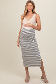 White Striped Fitted Side Slit Maternity Maxi Skirt