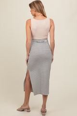 White Striped Fitted Side Slit Maternity Maxi Skirt