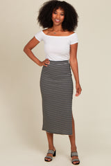 Black Striped Fitted Side Slit Midi Skirt