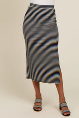 Black Striped Fitted Side Slit Midi Skirt