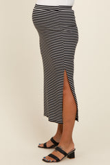 Black Striped Fitted Side Slit Maternity Midi Skirt