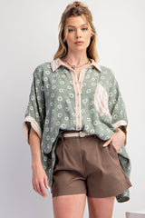 Light Olive Floral Contrast Print Maternity Button Down Top