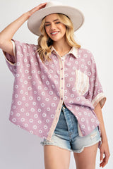 Lavender Floral Contrast Print Button Down Top