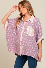 Lavender Floral Contrast Print Maternity Button Down Top