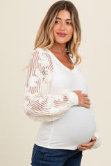 Ivory Floral Lace Balloon Sleeve Maternity Top