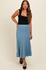 Blue Ribbed Knit A-Line Midi Maternity Skirt