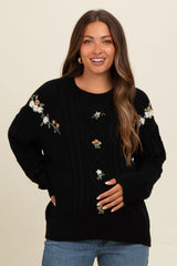 Black Embroidered Flower Cable Knit Maternity Sweater