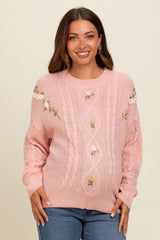 Mauve Embroidered Flower Cable Knit Maternity Sweater