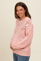 Mauve Embroidered Flower Cable Knit Maternity Sweater