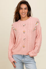 Mauve Embroidered Flower Cable Knit Maternity Sweater