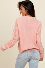 Mauve Embroidered Flower Cable Knit Sweater