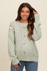 Mint Green Embroidered Flower Cable Knit Maternity Sweater