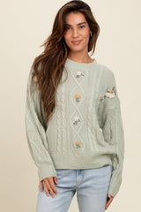 Mint Green Embroidered Flower Cable Knit Sweater