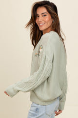 Mint Green Embroidered Flower Cable Knit Sweater