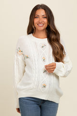 Ivory Embroidered Flower Cable Knit Maternity Sweater