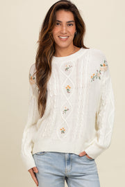 Ivory Embroidered Flower Cable Knit Sweater