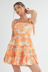 Orange Lavender Floral Tiered Scallop Trim Mini Dress