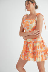 Orange Lavender Floral Tiered Scallop Trim Mini Dress