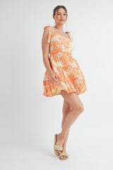 Orange Lavender Floral Tiered Scallop Trim Mini Dress