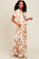 Taupe Printed Sash Tie Button Down Maxi Dress