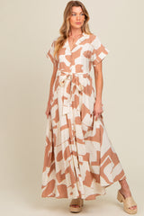 Taupe Printed Sash Tie Button Down Maternity Maxi Dress