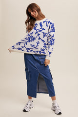 Royal Blue Floral Drop Shoulder Sweater