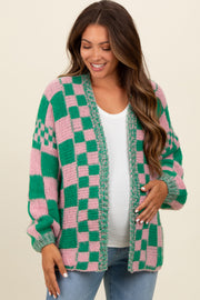 Pink Checkered Maternity Cardigan Sweater