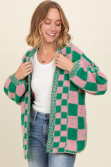 Pink Checkered Cardigan Sweater