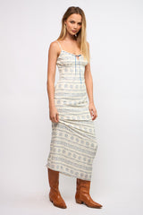 Navy Blue Printed Ribbon Detail Maxi Dress