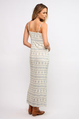 Navy Blue Printed Ribbon Detail Maxi Dress