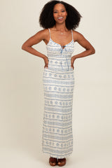 Navy Blue Printed Ribbon Detail Maxi Dress