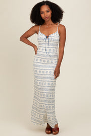 Navy Blue Printed Ribbon Detail Maxi Dress