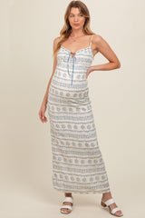 Navy Blue Printed Ribbon Detail Maternity Maxi Dress