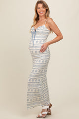 Navy Blue Printed Ribbon Detail Maternity Maxi Dress