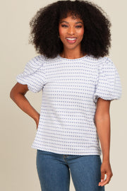 Blue Checker Print Puff Sleeve Top